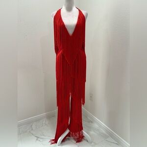 Red Fringe Halter Neck Pantsuit Jumpsuit, Size L